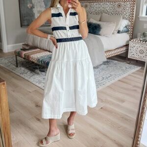 Avara NWT blain midi dress, crisp white cotton dress in white and navy- small